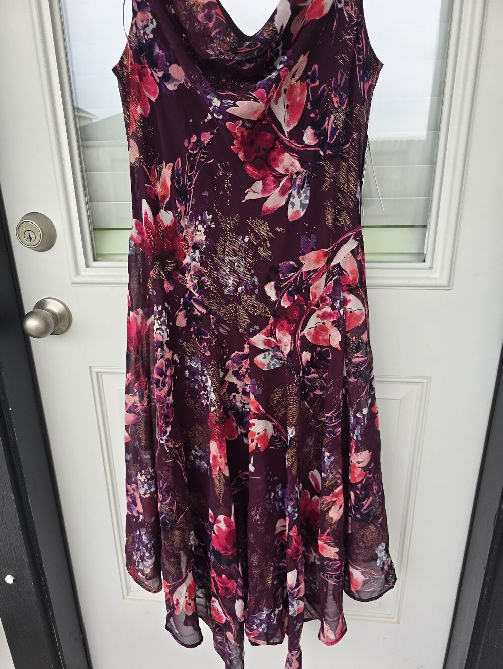 Signature by Robbie Bee Floral Midi Dress Sz 8 Purple Pink Sleeveless Cowl Neck - Picture 6 of 11